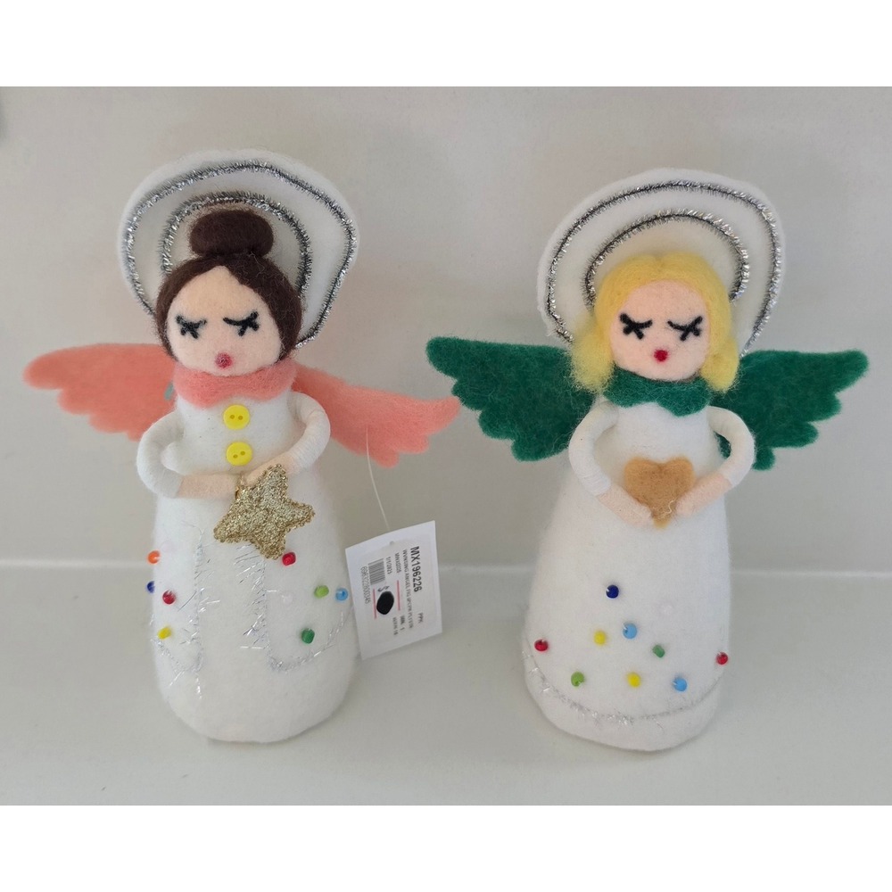 Set of 2 Felt Christmas Angel Figurines Star Heart Tinsel Halo White Decor
